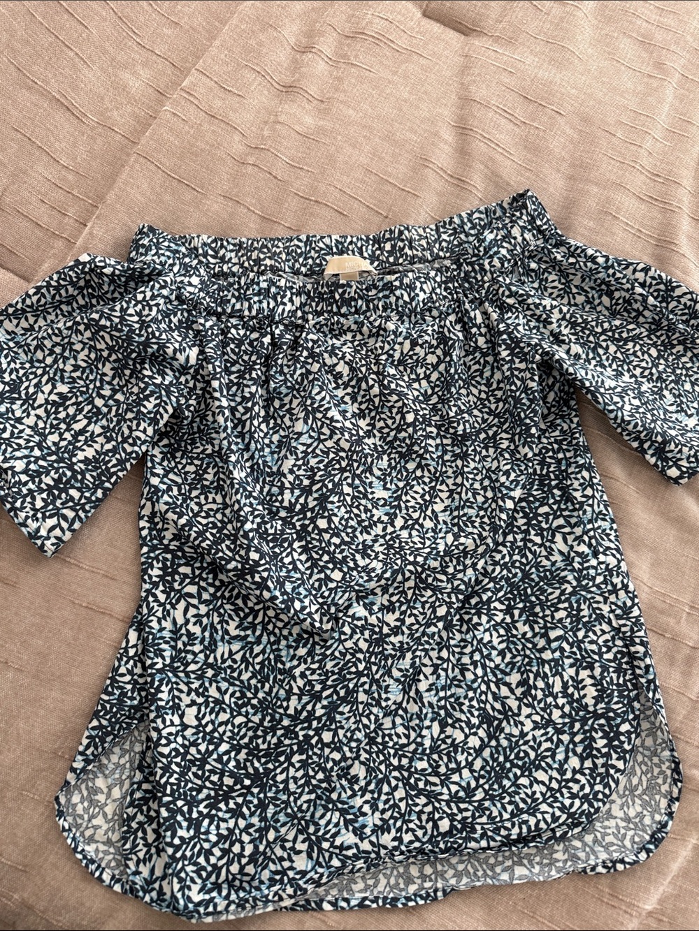 Michael Kors Navy and White Off-Shoulder Printed Blouse